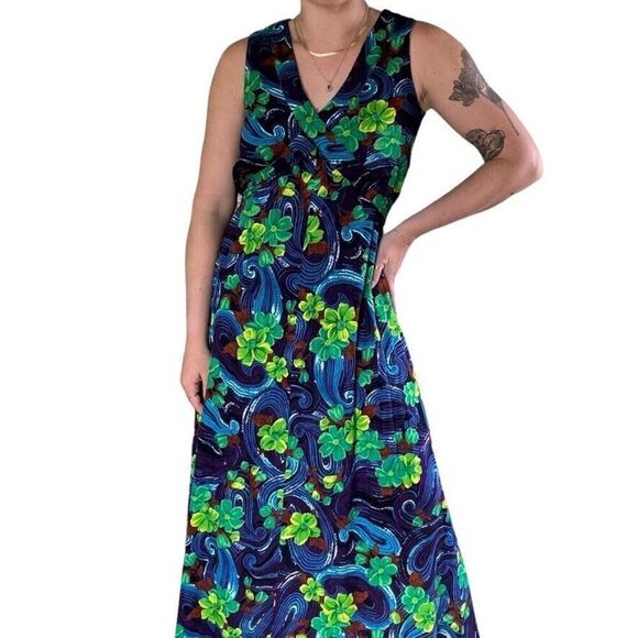Vintage 1960s Womens Handmade Hawaiian Tropical Retro Psychedelic Maxi Dress - Picture 2 of 8
